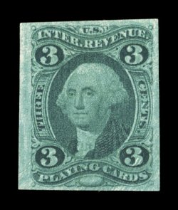 R17a, 3c Playing cards, imperforate, an incredibly rare and choice unused example of this key First Issue Imperforate, possessing a marvelous overall freshness that is almost
never encountered, with intensely rich color and a strong detailed imp
