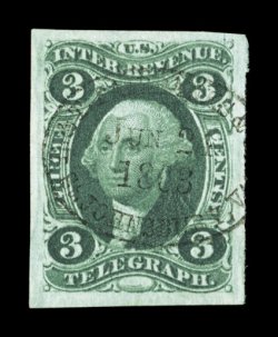 R19a, 3c Telegraph, imperforate, select quality used example, four exceptionally large margins, deep rich color and a superbly detailed impression on fresh paper, light central
handstamp cancel dated June 24, 1863, extremely fine gem.