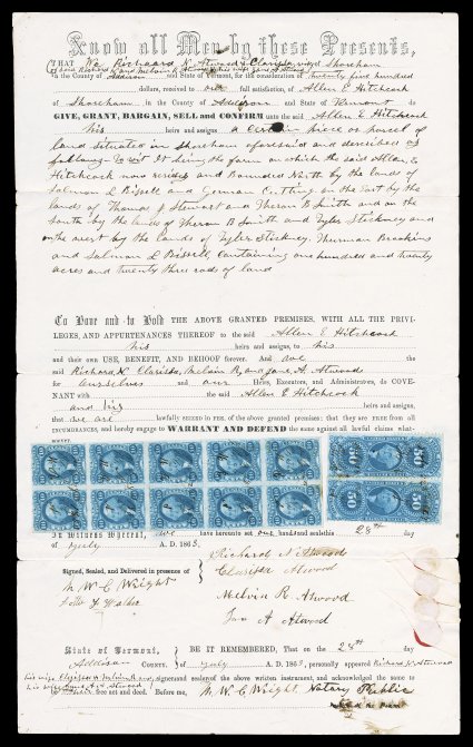 R33a, 10c Certificate, imperforate, block of ten (2x5), used along with pair of 50c Mortgage part perf. (R59b) on 1863 conveyance of land from Shoreham, Vermont, stamps with
large margins all around, light ms. cancels, pre-usage horizontal crea