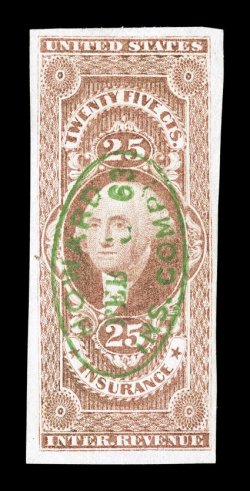 R46a, 25c Insurance, imperforate, four large margins, lovely rich color and a crisp impression, marvelously cancelled by a bright green handstamp of Howard Insurance Company
dated Feb. 1863, faint trace of a crease in top margin, otherwise e