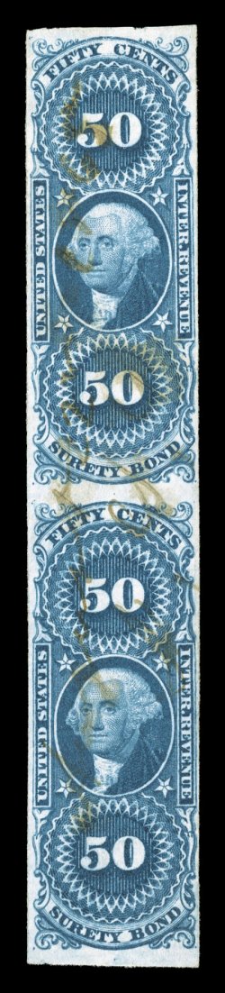 R63a, 50c Surety Bond, imperforate, very scarce sound vertical pair, deep intense color and impression on clean white paper, 1865 ms. cancel, fine-very fine.