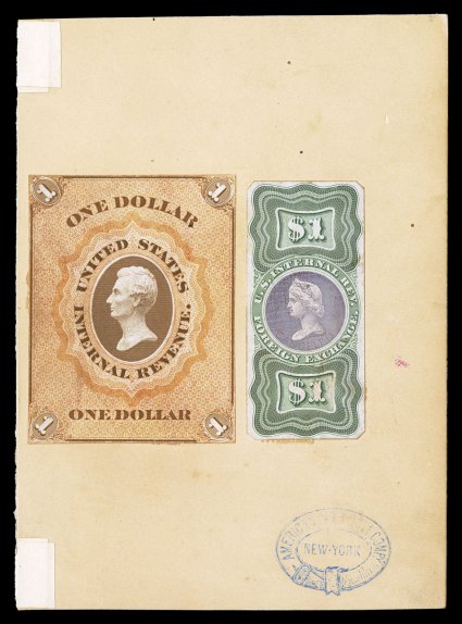 Turner Essay 21a, 1-F, $1.00 Bright buff and brown Lincoln and $1.00 Green and dull purple Liberty composite essay, both mounted on 96x133mm cardboard, with American Bank Note
Co. handstamp at bottom right, strong colors, a few trivial age spots,