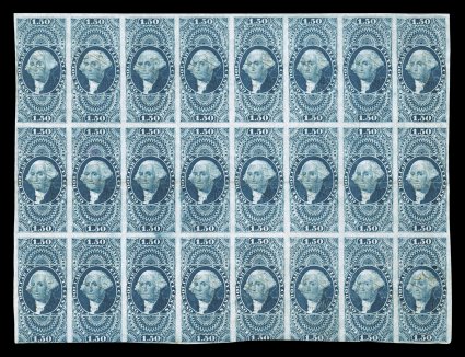 R78a, $1.50 Inland Exchange, imperforate, block of 24 (8x3), three large margins, in at bottom, strong color, light 1863 ms. cancels, horizontal creases, one of which has been
slightly reinforced, fine appearance this is the largest known mul