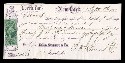 R79a, $1.60 Foreign Exchange, imperforate, tied to foreign exchange check by embossed seal of John Stuart & Co. dated Sept. 8, 1863, stamp with four clear to large margins,
deep rich color, trivial small stain, otherwise a very fine stamp this