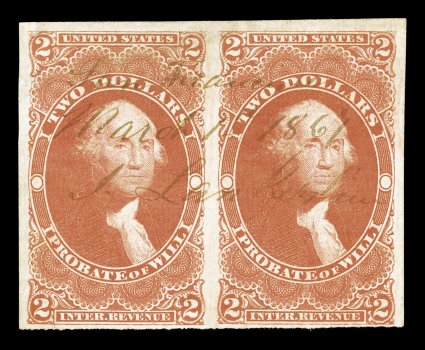 R83a, $2.00 Probate of Will, imperforate, handsome and rare horizontal pair, three very large margins, fourth at bottom quite ample, gorgeous rich color and an excellent
clarity of impression, neat 1867 ms. cancel, the only imperfections are a f