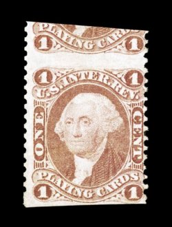 R2b, 1c Playing Cards, part perforate, scarce unused example, with a significant portion of the adjoining stamp at top, rich color, trivial light internal wrinkle,
fine.