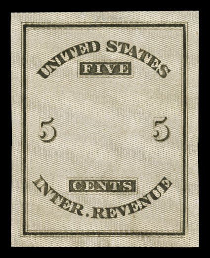 Turner Essay 47, 5c U.S.I.R. die essay in pale olive, with network of wavy lines not crossing, balanced margins measuring 54x66mm, tiny faint hinge thin, otherwise fresh and
very fine.