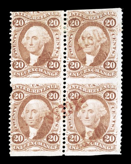 R42b, 20c Inland Exchange, part perforate, block of four, cancelled by a scarce red Duty Express...Deposit straight line handstamp, bottom stamps with light wrinkle, bottom
left stamp with pulled perf., fine the Curtis census records on