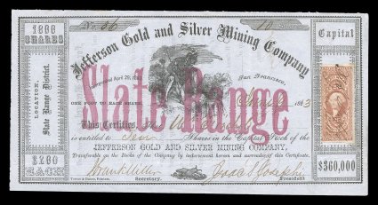 R50b, 25c Warehouse Receipt, part perforate, single used on attractive 1863 Jefferson Gold and Silver Mining Company certificate, unusually fresh, stamp with typical fine
centering, overall a very fine document any example of R50b on docum