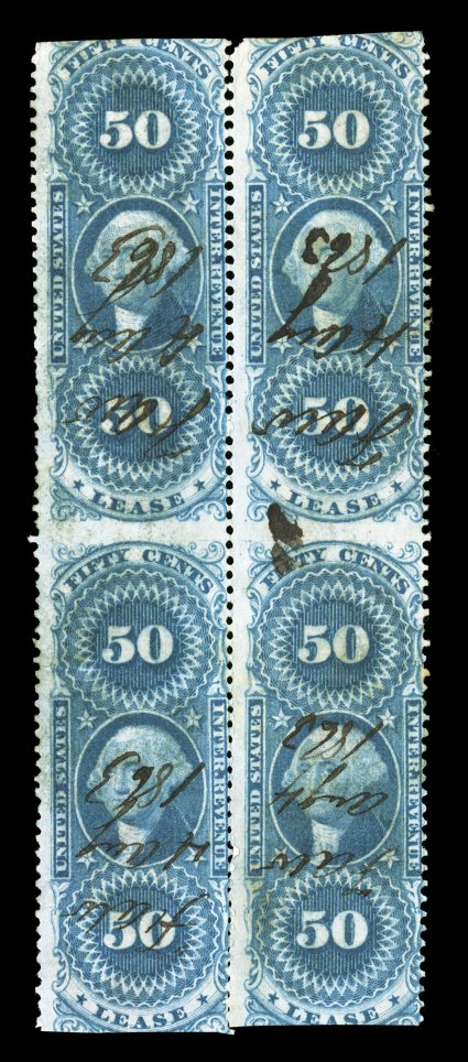 R57b, 50c Lease, part perforated, block of four, deep rich color, 1863 ms. cancels, light crease in bottom pair, perf. separation at bottom, fine appearance only six blocks of
any size have been recorded.