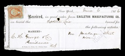 R6e, 2c Bank Check, orange on green paper, uncancelled single used on check of the Eagleton Manufacturing Co., dated June 6, 1866, check with usual filing crease and punch hole
well away from stamp, fine.