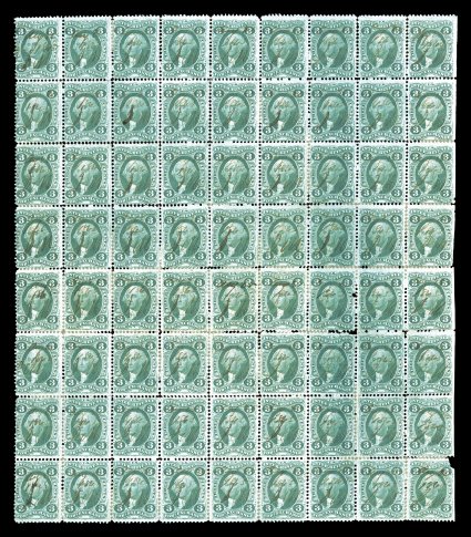 R16c, 3c Foreign Exchange, a remarkable block of 72 (9x8), strong rich color, 1865 ms. cancels, small faults and some reinforcement of separated perfs. as would be expected on
such a large sized multiple (the middle horizontal row of perforation