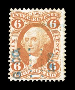 R31c, 6c Proprietary, radiant color, cancelled by a rarely seen blue handstamp, tiny surface blemish at left of Washingtons head, fine appearance.