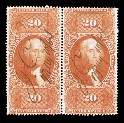 R99c, $20.00 Probate of Will, rarely seen horizontal pair, bright color, 1864 ms. cancels, barest trace of a thin at bottom, otherwise very fine ex-Holcombe.