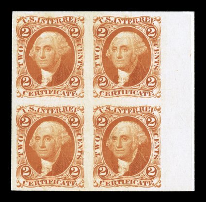 R8P3, 2c Orange certificate, plate proof in India, right sheet-margin block of four mounted on card, brilliantly rich color, extremely fine.