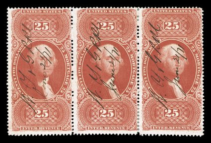 R100c, $25.00 Mortgage, horizontal strip of three, deep intense color and a vivid impression, 1871 ms. cancels, minor perf. reinforcing and a faint horizontal bend at top,
fine.
