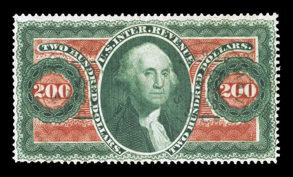 R102c, $200.00 Internal Revenue, deep vibrant colors, unusually light 1864 c.d.s. handstamps of the Atlantic Mail Steamship Co., just a slight hint of a crease, overall very
fine.