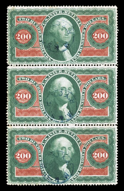 R102c, $200.00 Internal Revenue, vertical strip of three, deep colors, cancelled by light strikes of blue Milwaukee & St. Paul Railway Co. handstamps, minor wrinkling, still
quite attractive and very fine.