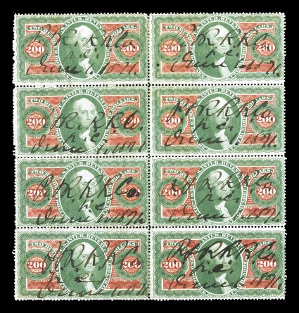 R102c, $200.00 Internal Revenue, complete sheet of eight, bright fresh color, 1871 Philadelphia & Reading Railroad ms. cancels, light wrinkles and minor perf. reinforcing, fine
appearance only a handful of intact sheets still exist today