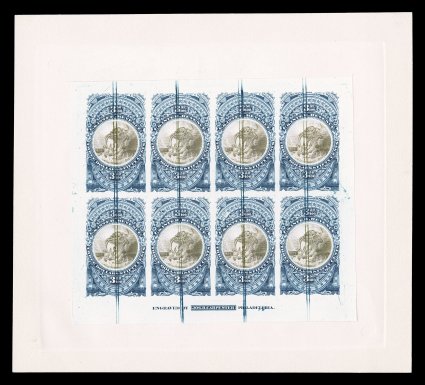 Turner Essay 76 var., $3.50 Rhode Island arms vignette, bicolor plate essay in blue and brown, complete sheet of eight mounted on 198x178mm card, with double ruled defacing
lines through each proof, Carpenter imprint at bottom, very fine while b