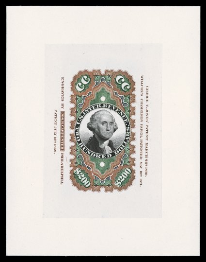 R132TC, $200.00 Red, green and black large die trial color proof on India, on 109x140mm card, with imprints on both sides, two small security punches as always, incredibly
fresh, with beautiful rich colors on a pristine card, extremely fine w