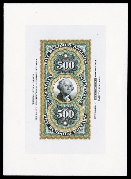R133TC, $500.00 Persian Rug, large die trial color proof in yellow, green and black on India, mounted on 125x173mm card, with full imprints on both sides and two small security
punches as always, extraordinarily fresh, with brilliant colors and