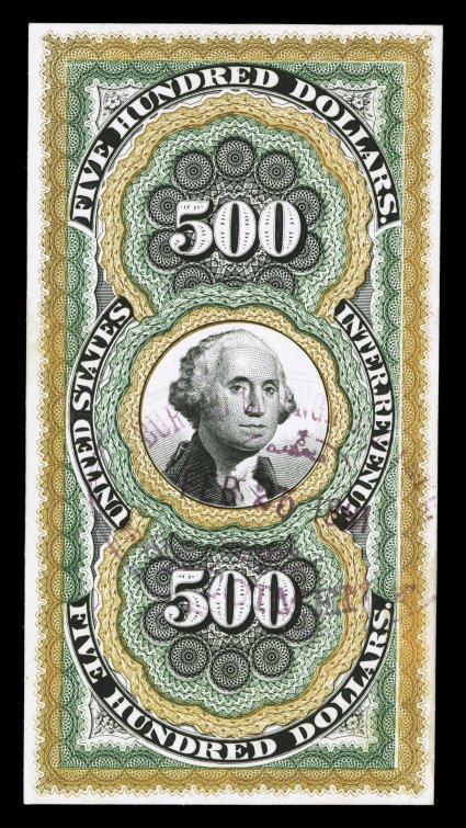 R133TC, $500.00 Persian Rug, large die trial color proof in light brown, light green and black, stamp size proof on card, with light Bureau of Printing and EngravingFeb 25 1891
handstamp, lovely rich colors, light adherences and a small thin