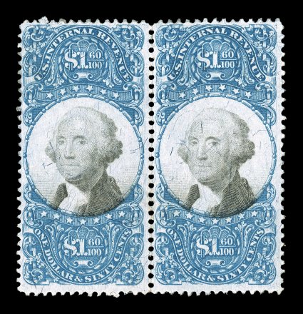 R121, $1.60 Blue and black, mint horizontal pair, rich colors, large part original gum, trivial minute hinge thins, fine-very fine the Curtis census lists only three multiples
of this stamp, two pairs (including this example) and a strip of thr