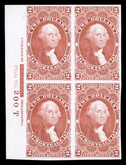 R82P4, $2.00 Mortgage, plate proof on card, left margin imprint and Plate No. 200T block of four, brilliantly fresh, large margins all around, bottom right stamp with shallow
thin, very fine cataloged as a normal block of four.