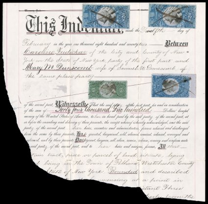 R129, $20.00 Blue and black, two singles, along with $3.50 Second Issue (R126) top margin single and $1.00 Third Issue (R144), on large part of mortgage document, very fresh,
stamps with fine-very fine centering cataloged as used stamps.