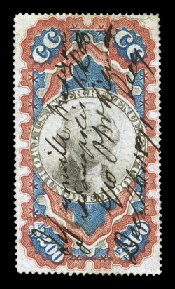 R132, $200.00 Red, blue and black, Small Persian Rug, strong color and impressions, ms. Jeffersonville, Madison and Indianapolis Railroad Co. cancel, small expert repair at top
and a light crease, very fine appearance.