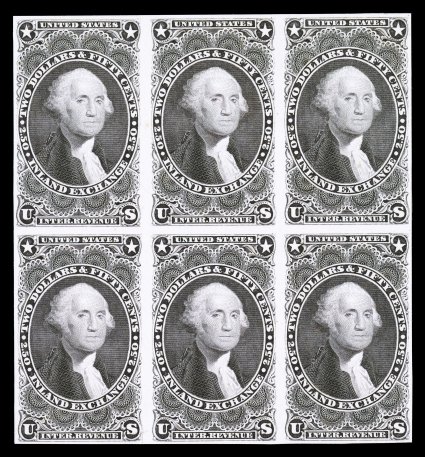 R84P4, $2.50 Inland Exchange, plate proof on card, block of six (3x2), rich fresh color, full margins all around, tiny scissor cut at bottom between the left two stamps, shallow
thin spot on each of the left two stamps, very fine a very scarce