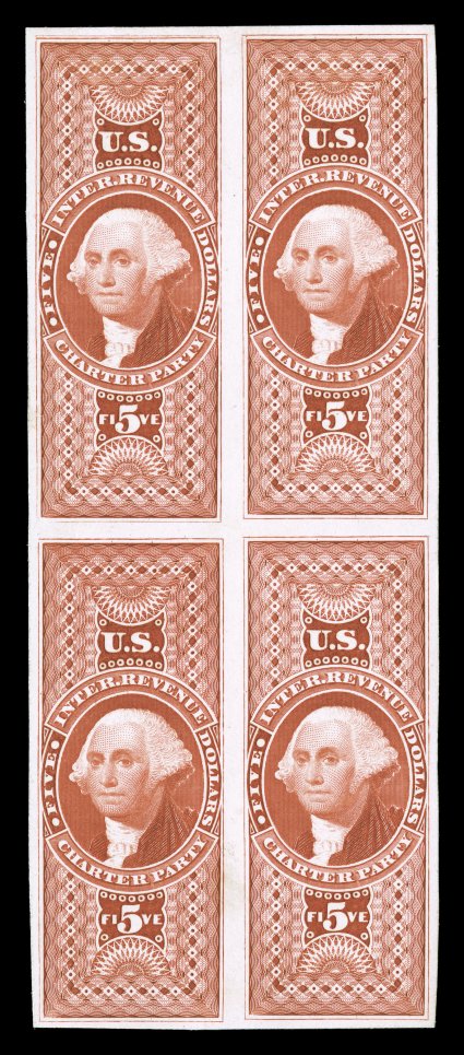 R88P4 var., $5.00 Charter Party, double frame line at top, the variety being the top left stamp in a block of four, large margins all around, brilliant color, choice very fine
like the above lot, the issued stamp is listed with this variety, bu