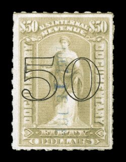 R189, 50 Surcharge on $50.00 Gray, rouletted, used, well centered, full roulettes, uncommonly light blue handstamped cancel, very fine.