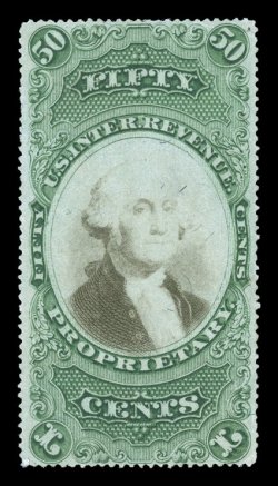 RB8b, 50c Green and black on green paper, exceptionally well centered, faintly cancelled (appears unused), minor faults, very fine appearance.