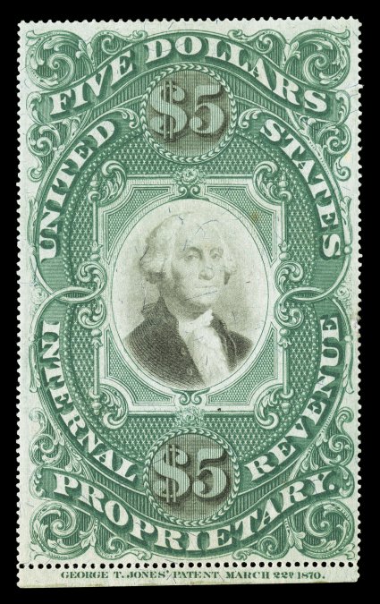 RB10a, $5.00 Green and black on violet paper, a remarkable bottom margin example with full imprint of George T. Jones, excellent centering, rich bright color and an excellent
clarity of impression, full original gum, a few h.r.s, tiny thin