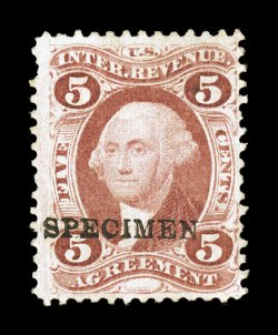 R23S-H, 5c Agreement with Specimen overprint, rich color, pulled perf. at top left, otherwise fine.