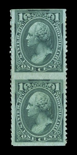 RB11d, 1c Green, imperforate horizontally, mint vertical pair, deep color, o.g., tiny thin speck, otherwise fine an elusive error that Scott incorrectly lists as imperforate
between.