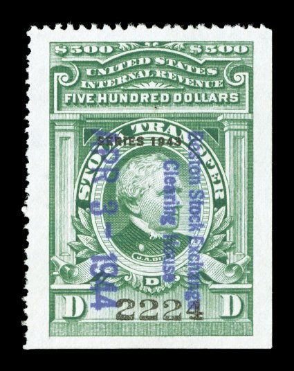 RD161, $500.00 Bright green, Series 1943, exceptionally well centered and margined, marvelously bright and fresh, 1944 purple handstamp of the Boston Stock Exchange as well as
a tiny cut cancel, extremely fine and choice.