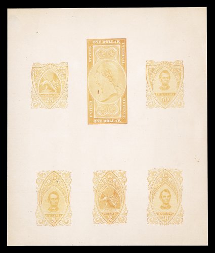 Turner Essay 230, 2c-$1.00 Orange composite essay of six values on wove paper, 185x238mm, this is made up of Types T, W, V in the top row and P, B, R in the bottom row
consisting of two Eagle designs, three Lincoln designs and a Washington design