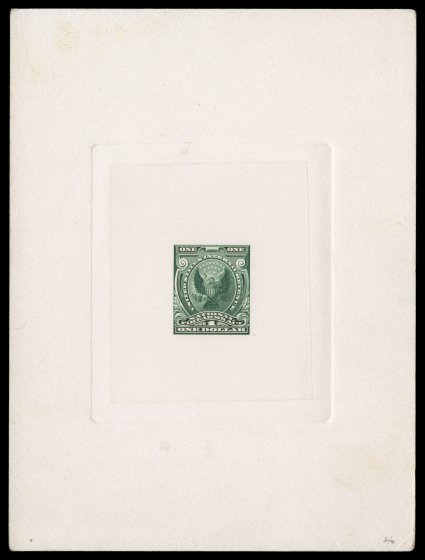 RY3P1, $1.00 Green Firearms, large die proof on India, 75x89mm die sunk on full size 152x203mm card, with serial number 576783 and Nov 7, 1938 handstamps on back, also pencil
no. 14423 signed L. Lowe, wonderfully bright and fresh, trivial corner