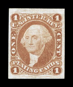 R2a, 1c Playing Cards, imperforate, choice quality mint single, four large margins, rich bright color and a clean impression, nearly full original gum, extremely fine any mint
example of this stamp is rare, but to find one both in this gem cond