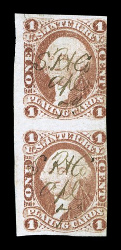 R2a, 1c Playing Cards, imperforate, vertical pair, into the design at right, other margins full to huge at left, strong rich color, neat ms. cancels, small closed tear in the
top margin, fine appearance this is essentially the largest known mul