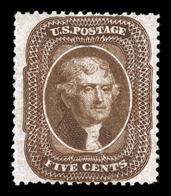 30A, 5c Brown, Ty. II, uncharacteristically well centered and margined, rich color and a crisp detailed impression, full o.g., lightly hinged, extremely fine a highly desirable
example 2000 PF certificate.