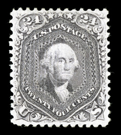 99, 24c Gray lilac, F grill, an exciting mint single of one of the most difficult of all 19th Century stamps to find in premium quality, as it is in a quality that is almost
unheard of, possessing about as perfect centering as is possible (con
