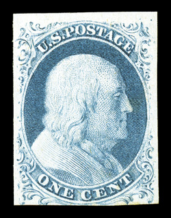 7, 1c Blue, Ty. II, ample to very large margins all around, rich fresh color and a clean impression, o.g., h.r., very fine 1985 PF certificate.