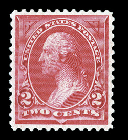 249, 2c Carmine lake, Ty. I, a lovely mint single of this difficult stamp, exceedingly well centered and margined, bright color, o.g., never hinged, extremely fine 1998 PF
certificate and a 2008 PF certificate (XF 90).