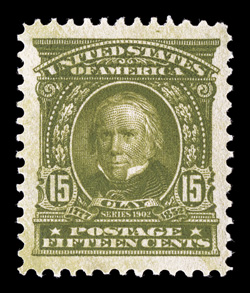 309, 15c Olive green, marvelously well centered amid enormously large margins, the size of which is almost never encountered on any 1902 Issue, intense prooflike color and
impression, o.g., lightly hinged, extremely fine  one of the largest m