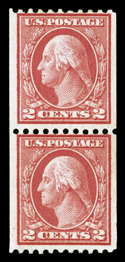 449, 2c Red rotary coil, Ty. I, perf. 10 horiz., rare mint pair, bright and fresh, o.g., bottom stamp with perforation flaw at bottom left, fine appearance 1975 PF
certificate.