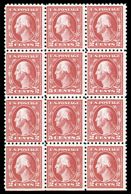 467, 5c Carmine error, double error in a block of twelve, bright color, o.g., error stamps never hinged, bottom error stamp with small gum inclusion, fine.